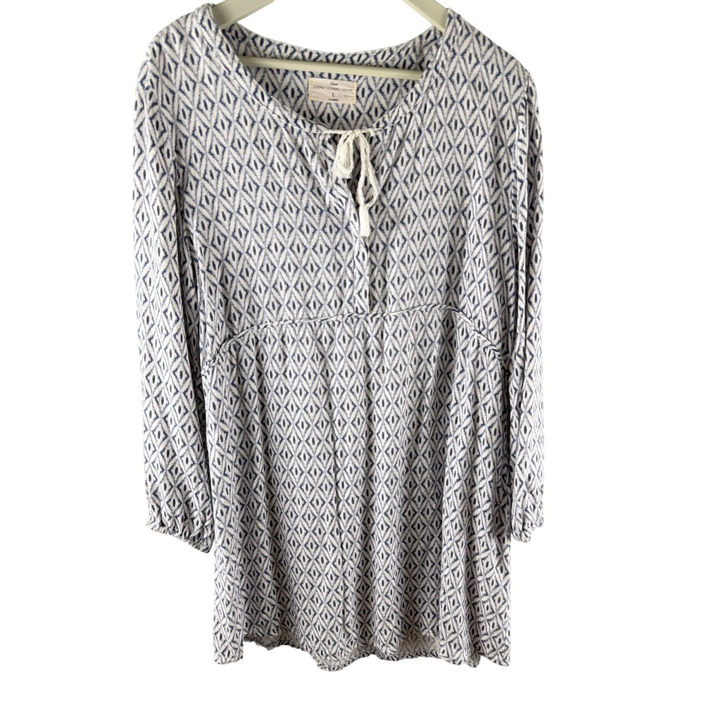 Etam Womens Blue White Geometric‎ Diamond Tunic Top Dress L Boho Aztec Lagenlook
